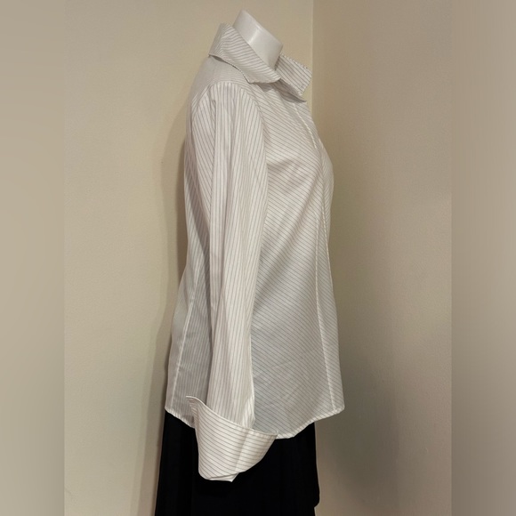 Farinaz Taghavi NWT White Black Stripe Button Down Blouse V Neck Collard… - Picture 5 of 16